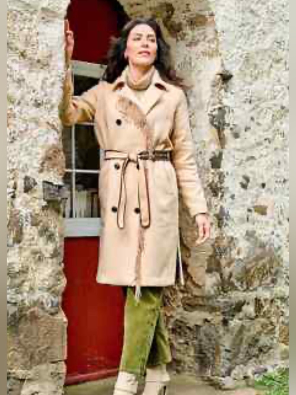 Double-Breasted Trench Coat with southwestern fringe and belt